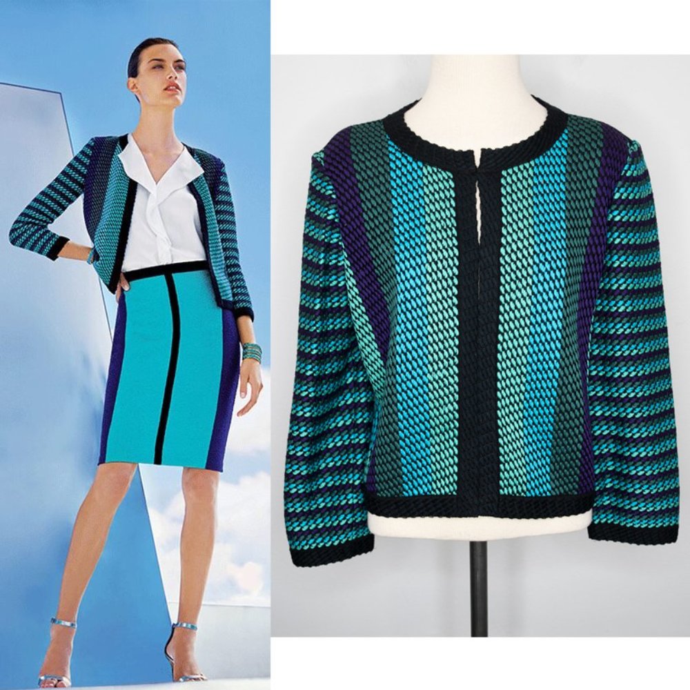 St. John Blue Teal Purple Woven Stripe Blazer P18 - Picture 1 of 8